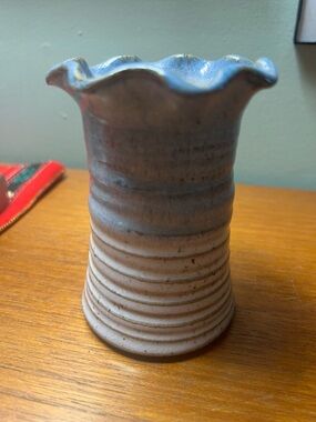 Handmade Ceramic Vase in Blue and Cream with Fluted Rim